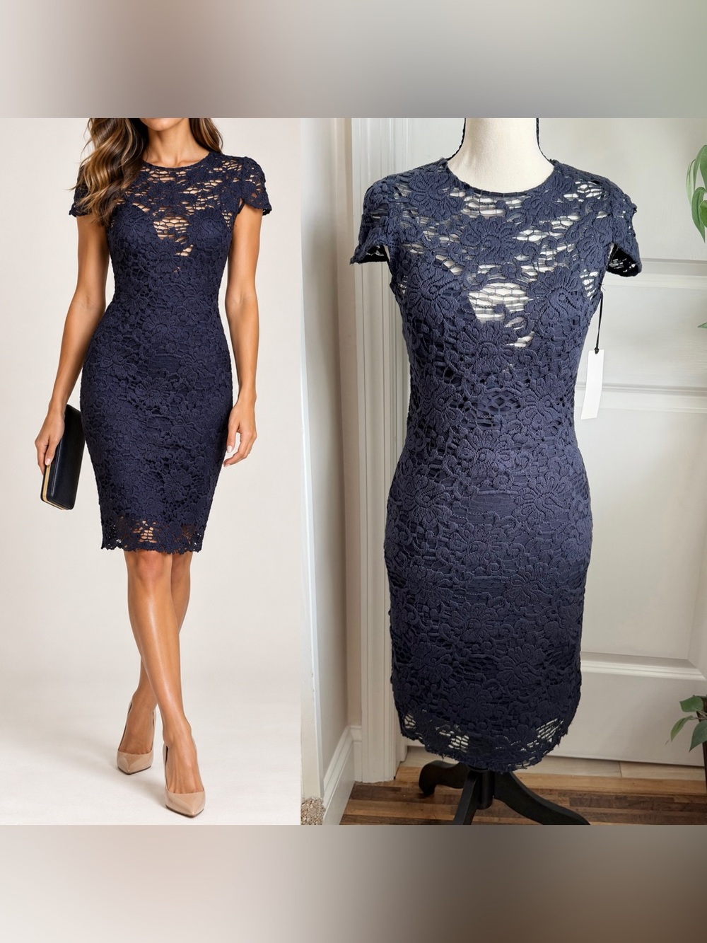 L’Agence Crochet Lace Cap Sleeve Bodycon Dress Navy Sz 4
